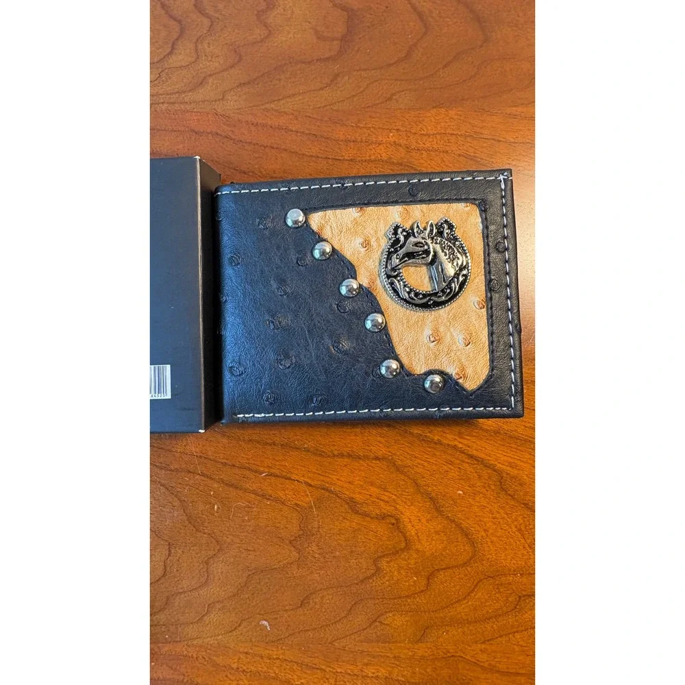 Tems Collection Mens Handcrafted Ostrich Print Western Horse Bifold Wallet New